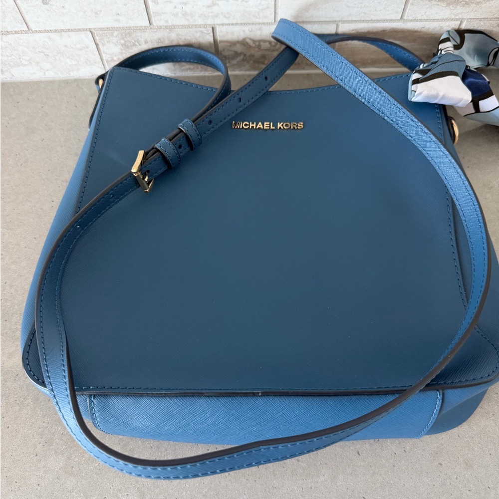 Michael Kors Blue Saffiano Leather Shoulder Bag with Scarf Accent - Picture 6 of 6